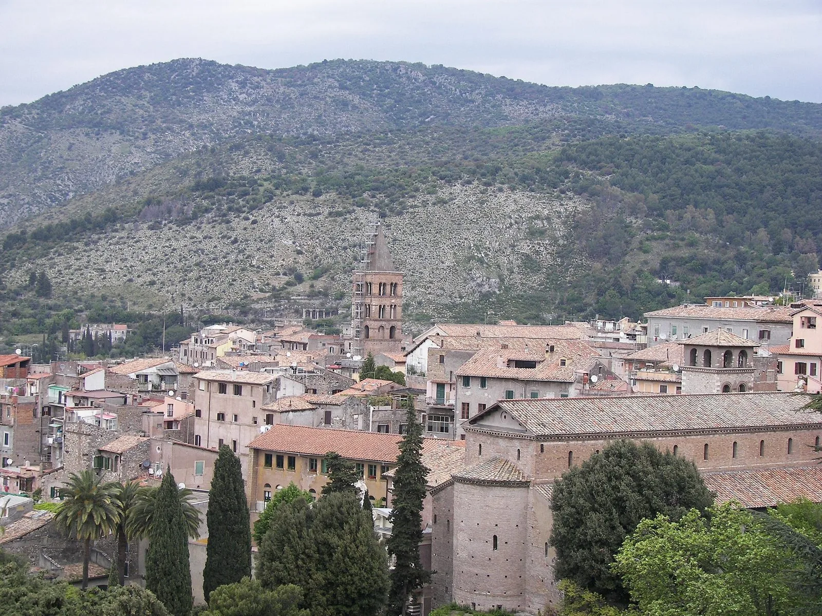 Veduta dei tetti del centro storico di Tivoli con un campanile romanico e il fianco verde dei Monti Tiburtini sotto un cielo grigio